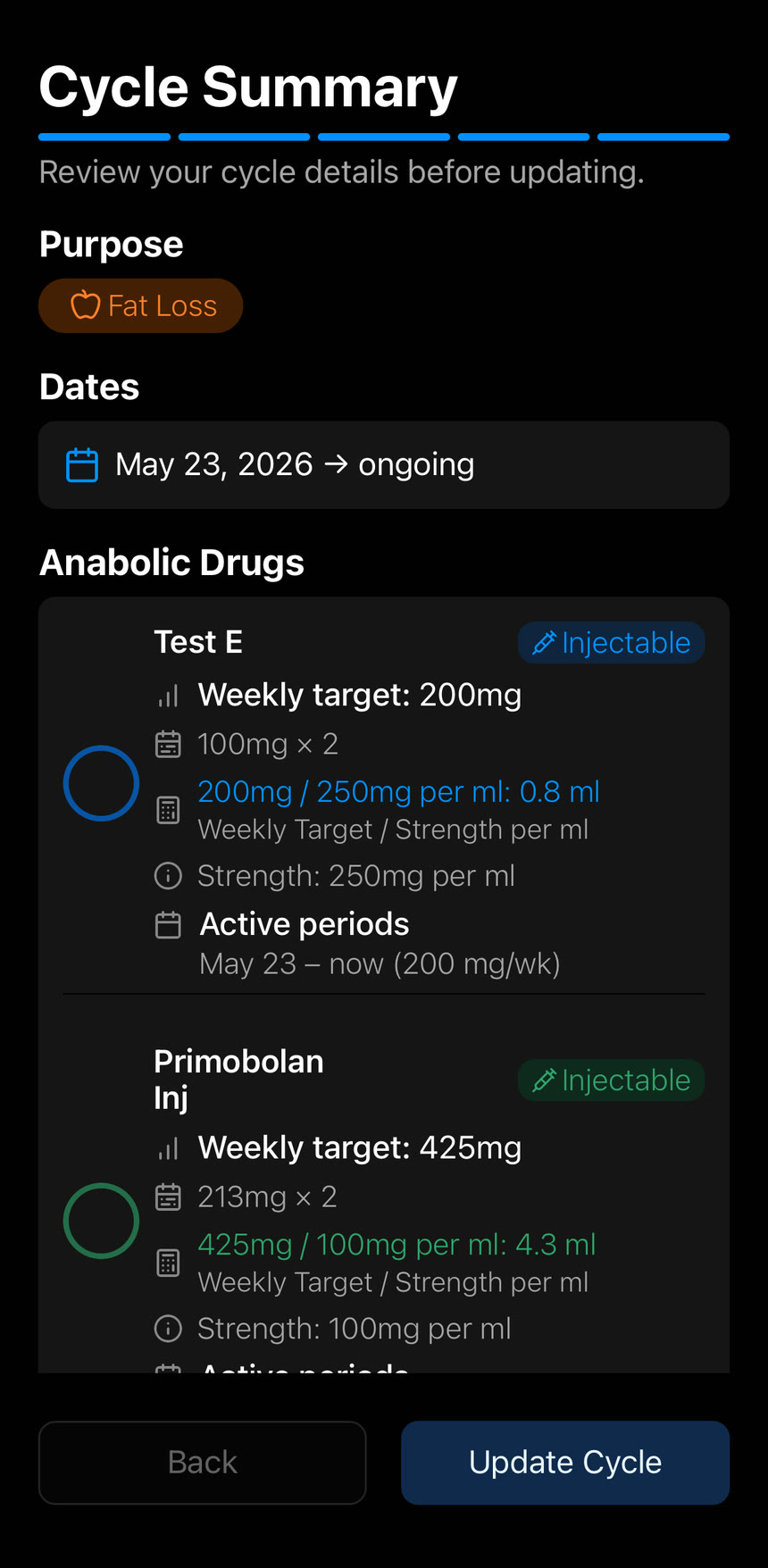 Peakdose cycle summary showing example purpose, dates, compounds, weekly targets, vial strengths, and active periods