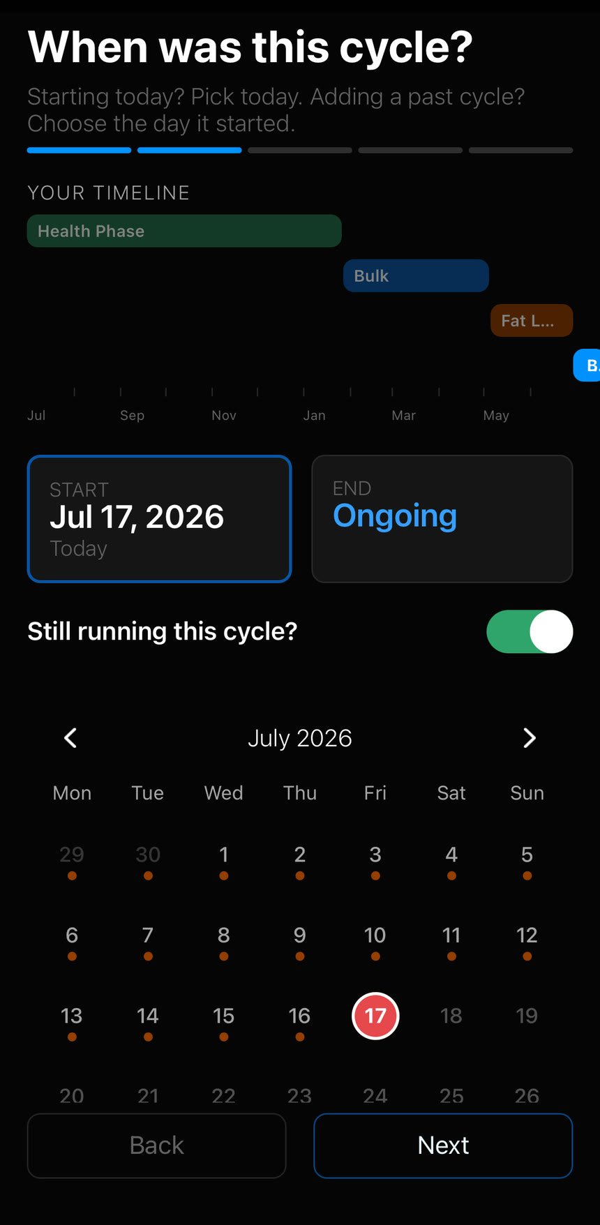 Peakdose cycle setup screen for choosing an example start date and ongoing status
