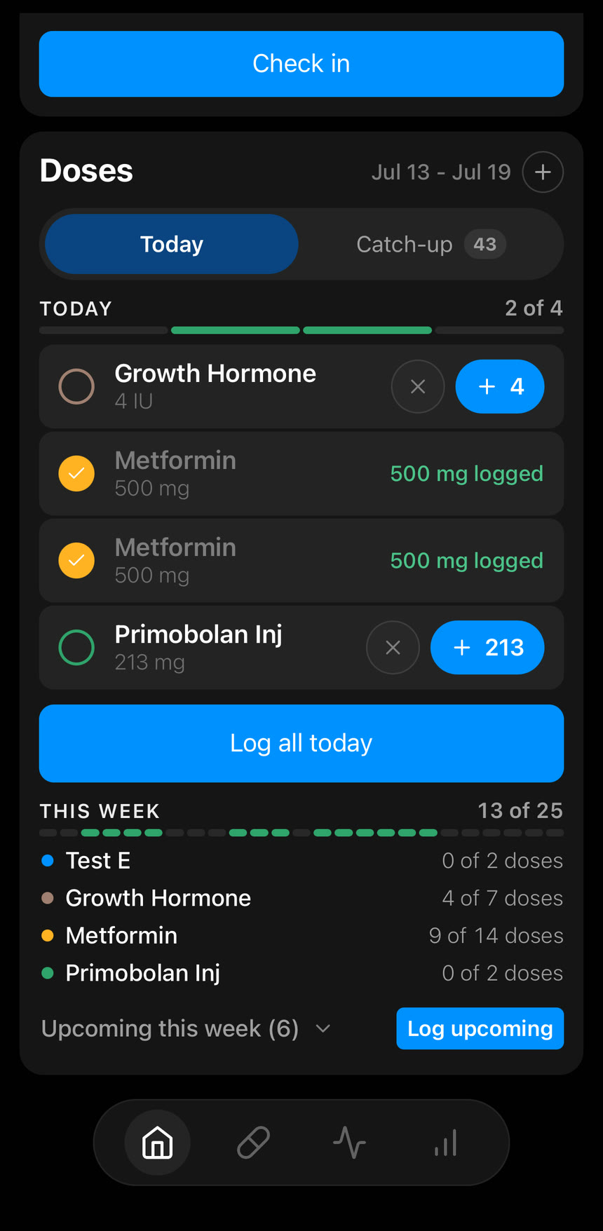Peakdose Today screen showing example doses ready to log and doses already completed