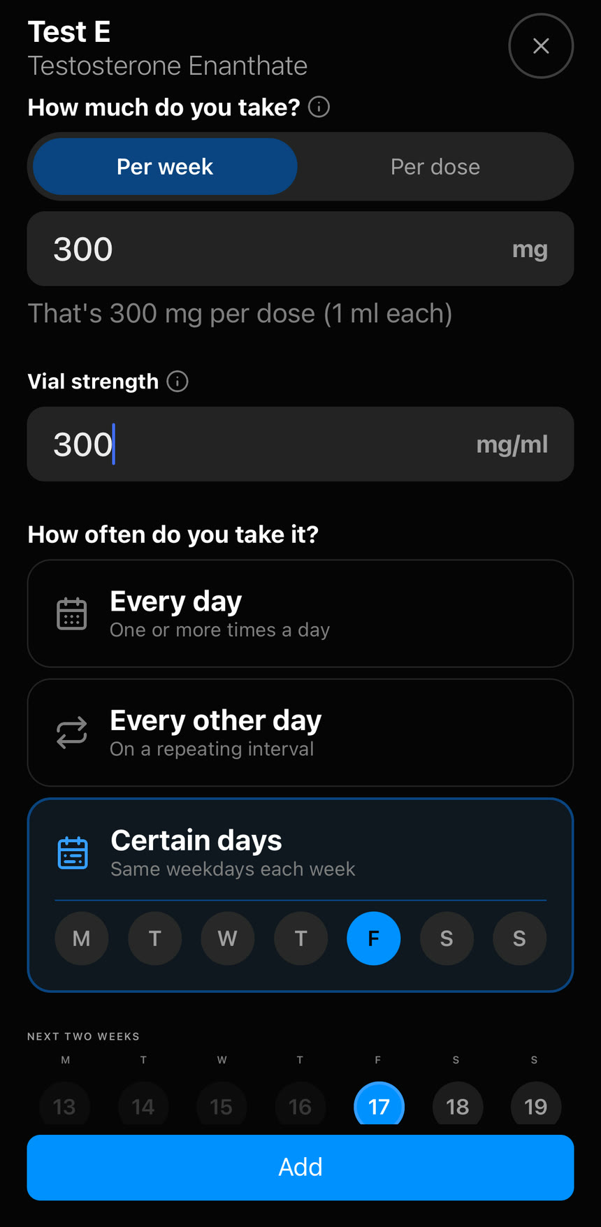 Peakdose compound setup screen showing an example weekly testosterone dose and vial strength