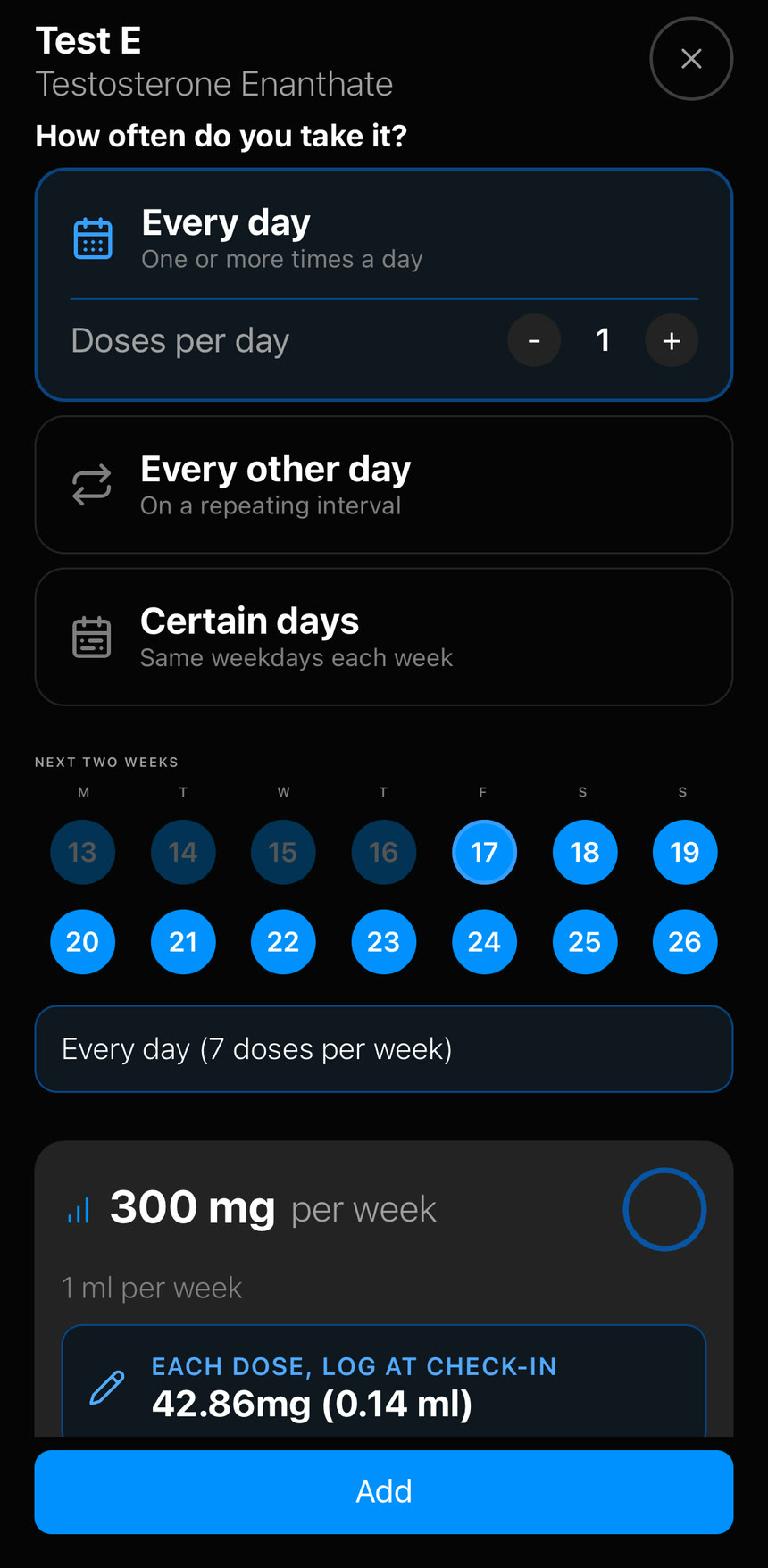 Peakdose compound setup screen showing example daily, alternate-day, and selected-day frequency options