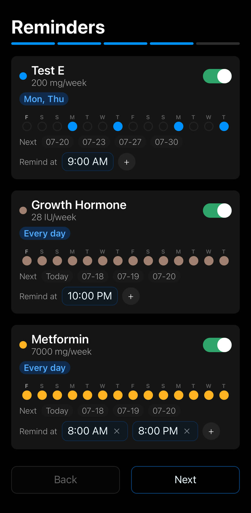 Peakdose reminders screen showing example reminders for testosterone, growth hormone, and metformin